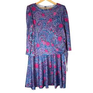 Vintage 80s Retro Blue Paisley Print Dress Sz 8 Long Sleeve Modest Golden Girls